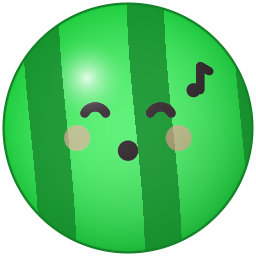 A grinning green watermelon with a little musical note.